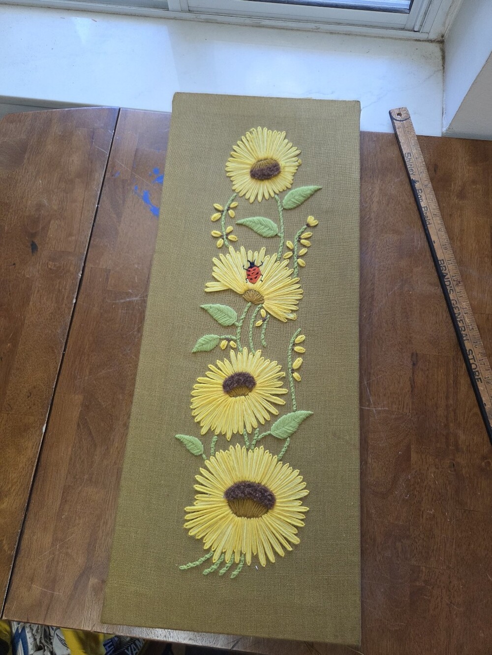 Vintage 1970s Sunflower Crewel Embroidery Wall Art 30x12 Paragon Daisies Ladybug